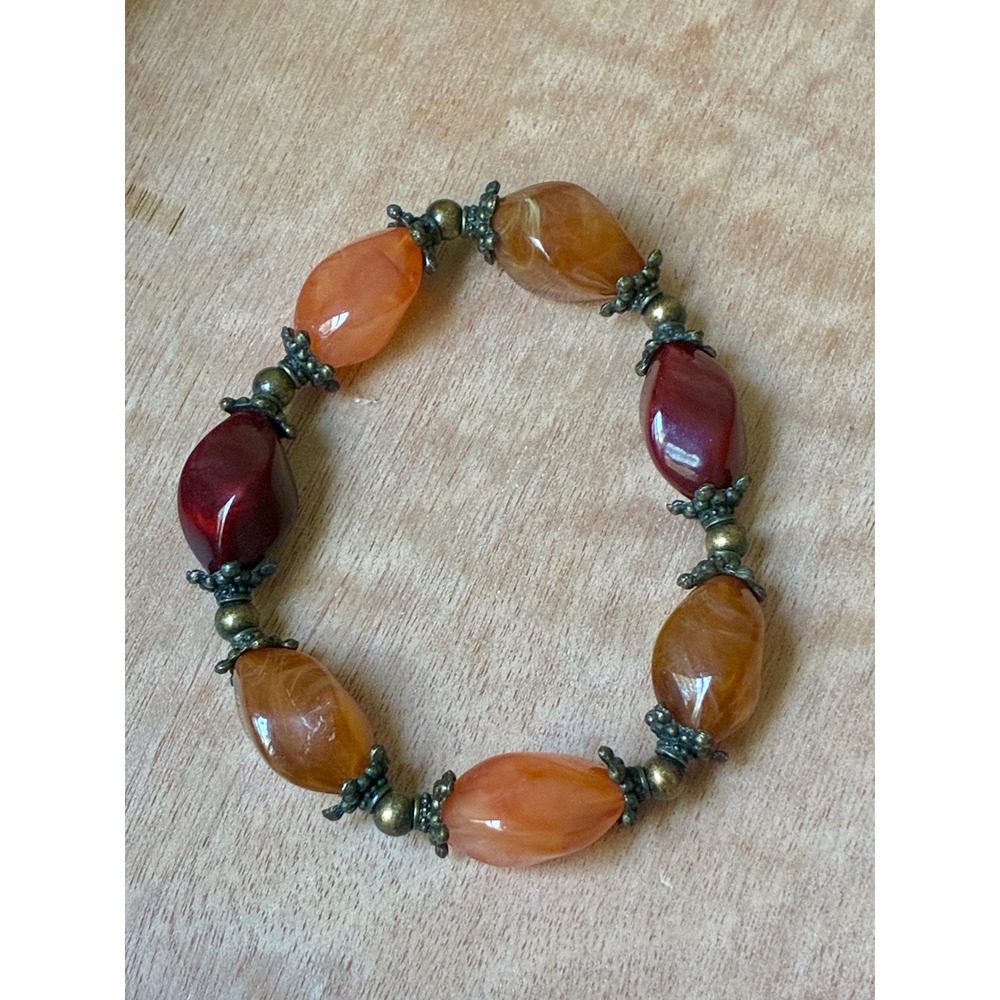 Orange Burgundy Marbled Bead Stretch Bracelet Antique Brass Tone Boho Statement
